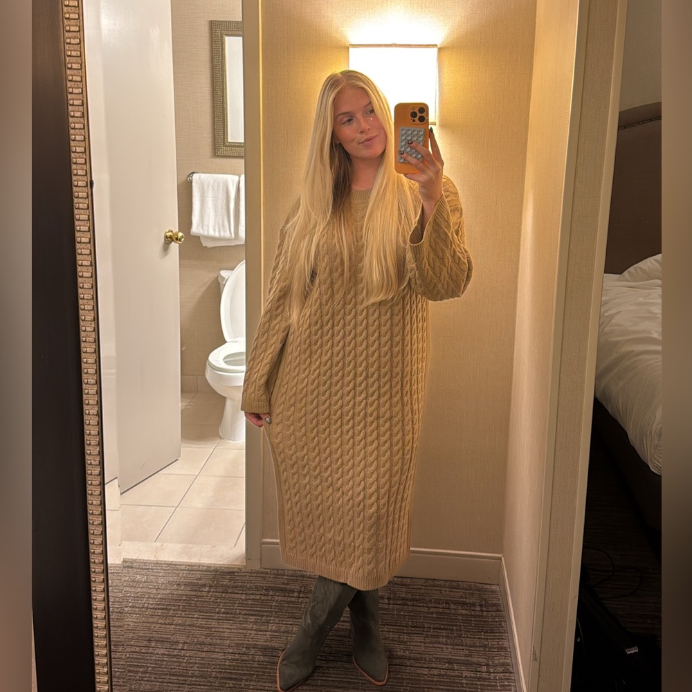 Cozy Cable Knit Tan Sweater Dress